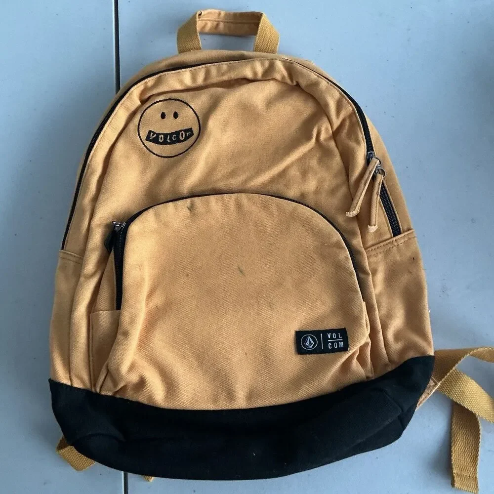 Volcom Backpack Tan Black Canvas Skate School Laptop Bag Embroidered Logo